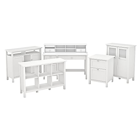 Bush Furniture Broadview Computer Desk With Drawers, Console Table, Bar Cabinet And Storage, Pure White, Standard Delivery