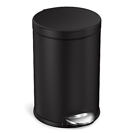 simplehuman Fingerprint-Proof Round Metal Mini Step Trash Can, 1.2 Gallons, 12-1/10"H x 7-3/5"W x 10"D, Matte Black