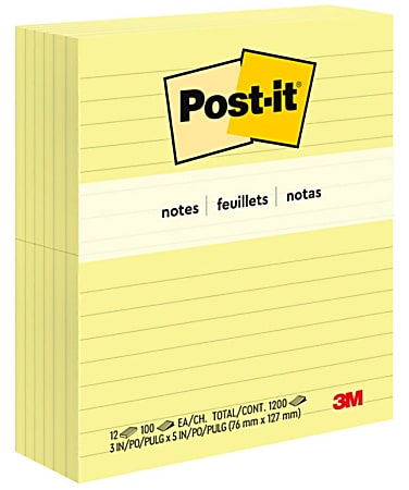 Post-it Notes, 3 in x 5 in, 12 Pads, 100 Sheets/Pad, Clean Removal, Canary Yellow, Lined