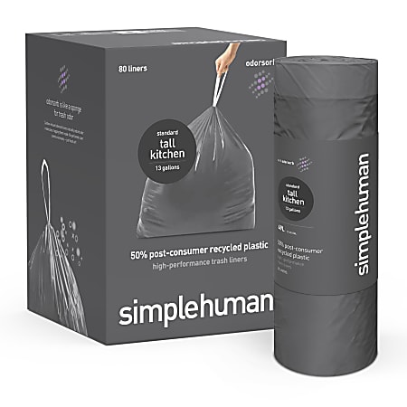 simplehuman Extra Strong Tall Kitchen Bags, 13 Gallon, Gray, 20 Liners Per Roll, Pack Of 4 Rolls