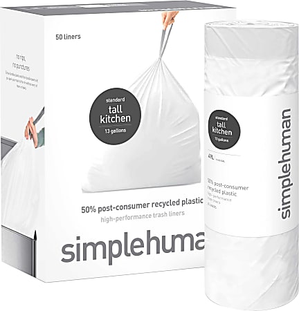 simplehuman Extra-Strong Tall Kitchen Liners, 13 Gallon, 50% Recycled, White, 20 Liners Per Roll, Pack Of 4 Rolls