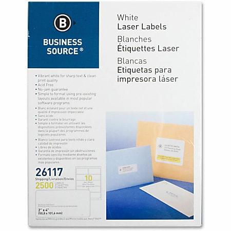 Business Source Bright White Premium-quality Shipping Labels - 2" Width x 4" Length - Permanent Adhesive - Rectangle - Laser, Inkjet - White - 10 / Sheet - 250 Total Sheets - 2500 / Pack - Lignin-free, Jam-free