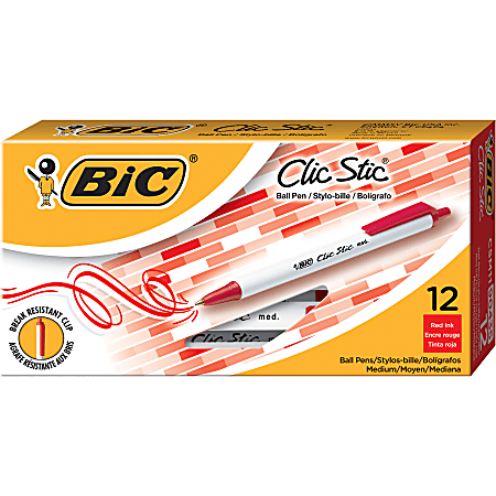BIC® Clic Stic® Retractable Ballpoint Pens, Medium Point, 1.0 mm, White Barrel, Red Ink, Pack Of 12