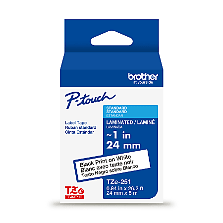 Brother P-touch TZe251, Laminated, ~1 in x 26.2 ft (24mm x 8m), Black on White Label Tape