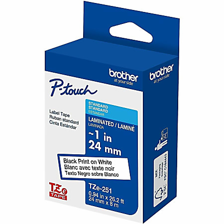 Brother P touch TZe251 Laminated 1 in x 26.2 ft 24mm x 8m Black on