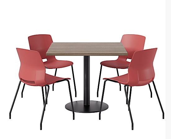 KFI Studios Proof Cafe Pedestal Table With Imme Chairs, Square, 29”H x 42”W x 42”W, Studio Teak Top/Black Base/Coral Chairs