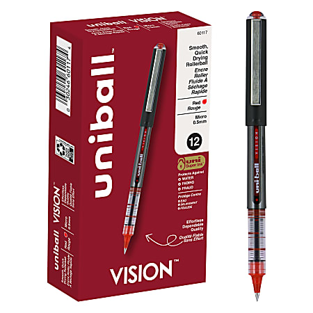 uni-ball® Vision™ Rollerball Pens, Micro Point, 0.5 mm, Black Barrel, Red Ink, Pack Of 12