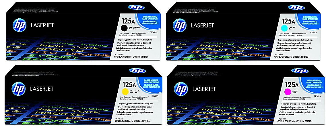 HP 125A Black And Cyan, Magenta, Yellow Toner Cartridges Combo, Pack Of 4, CB540A,CB541A,CB543A,CB542A