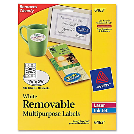 Avery® Removable Inkjet/Laser Multipurpose Oval Labels, 6463, 1 1/2" x 2 1/2", White, Pack Of 180