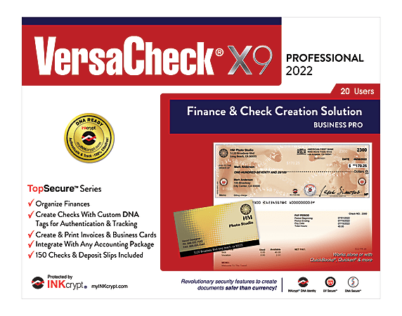 VersaCheck® X9 INKcrypt® Professional TopSecure™ Series, 20 Users, 2022, For Windows®, Disc/Download