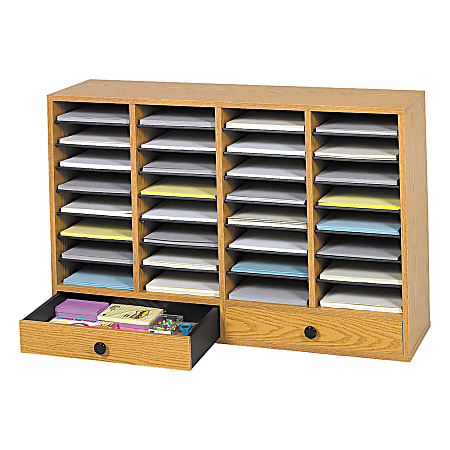 Safco® Adjustable Wood Literature Organizer, 25 3/8"H x 39 3/8"W x 11 3/4"D, 32 Compartments, 2 Drawers, Oak