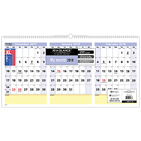 AT-A-GLANCE® QuickNotes® 15-Month Wall Calendar, 23 1/2" x 12", 30% Recycled, White, December 2017 to February 2019 (PM1528-18)