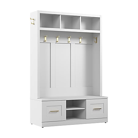 Bush Furniture Hampton Heights Entryway Storage Set With 48"W Hall Tree And Shoe Bench With Doors, White, Standard Delivery
