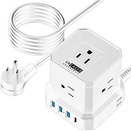 Cube Surge Protector Power Strip with usb ports 10ft extension cord with multiple outlets White - Space Saving 9 outlet usp power strip: 5 AC Outlets, 3 USB Ports, 1 USB-C Port, Surge Protected, On/Off Switch