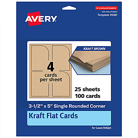 Avery® Print-To-The-Edge Flat Cards, 3-1/2"x5" Rectangle Single Rounded Corner, Kraft Brown, Pack Of 100