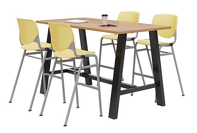 KFI Studios Midtown Bistro Table With 4 Stacking Chairs, 41"H x 36"W x 72"D, Kensington Maple/Yellow