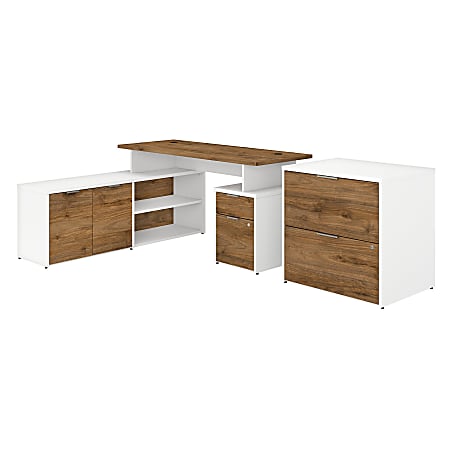 Bush Business Furniture Jamestown L-Shaped Desk With Drawers And Lateral File Cabinet, 60"W, Fresh Walnut/White, Premium Installation