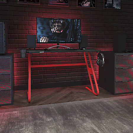 Flash Furniture 52"W Ergonomic PC Gaming Computer Desk With Cup Holder And Headphone Hook, Black/Red