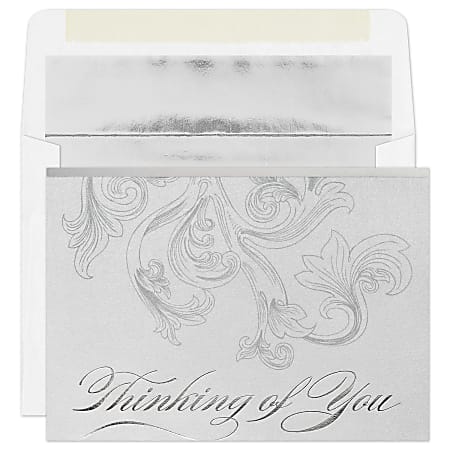 Custom Silver Foil Embellished Thinking Of You Greeting Cards "Filigree" With Silver Foil Lined Envelopes, 7-7/8" x 5-5/8", Box Of 25 Cards