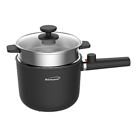 Brentwood® 1.6-Qt. 600-Watt Multifunction Electric Hot Pot Cooker, Ceramic Nonstick Coating, Stainless Steel, Straight Handle, Black, HPS-3150BK