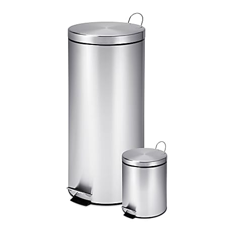 Honey-Can-Do Round Stainless-Steel Step Trash Cans, 0.8 Gallons/7.9 Gallons, Satin, Set Of 2