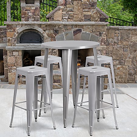 Flash Furniture Commercial-Grade Round Metal Indoor/Outdoor Bar Table Set With 4 Square-Seat Backless Stools, Silver