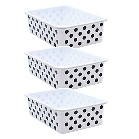 Teacher Created Resources Plastic Storage Bin, Large, Black Polka Dots on White, Pack Of 3
