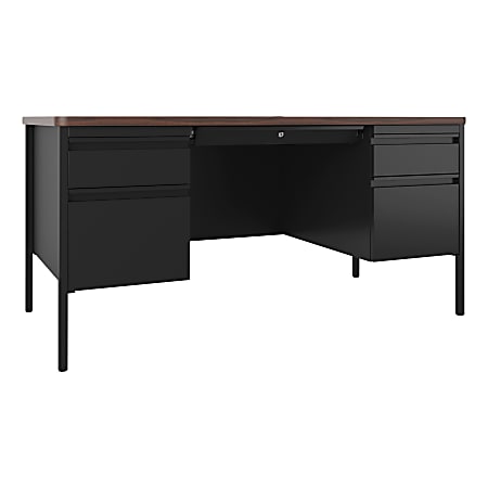 Lorell™ Fortress Steel 60"W Double-Pedestal Teacher's Computer Desk, Black/Walnut