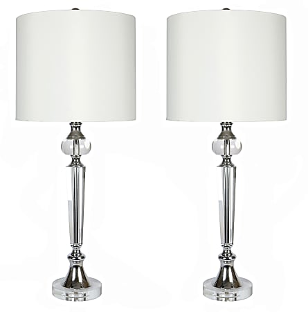 LumiSource Torch Contemporary Desktop Table Lamps, 28-1/2”H, Off-White Shade/Polished Chrome Base, Set Of 2 Lamps