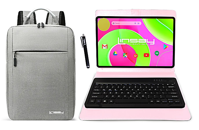 Linsay® Octa Core Wi-Fi Tablet, 12”, 8GB Memory, 256GB Storage, Android 14, With Pink Keyboard Case, Compact Backpack And Pen Stylus