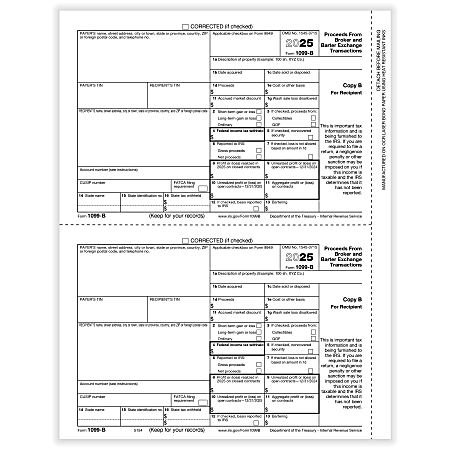 ComplyRight® 1099-B Tax Forms, Recipient Copy B, 2-Up, 8-1/2" x 11", Pack Of 100 Forms