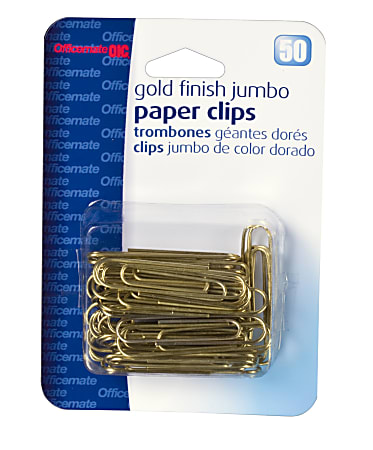 OIC® Gold Tone Paper Clips, Jumbo, 20-Sheet Capacity, Box Of 50 Clips