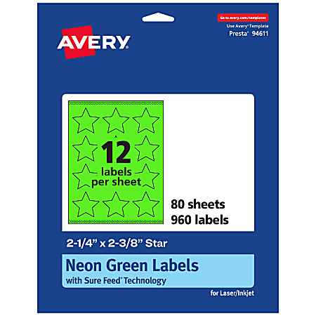 Avery® Print-To-The-Edge Labels With Sure Feed® Technology, 94611-NGP80, Star, 2-1/4" x 2-3/8", Matte Neon Green, Pack of 960