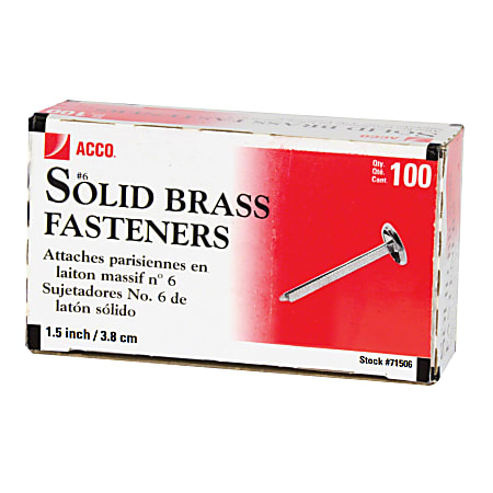 ACCO® Round-Head Solid Brass Fasteners, No. 6R, 1 1/2", Box Of 100