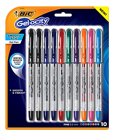 BIC® Gel-ocity Smooth Stic Gel Pens, Fine Point, 0.5 mm, Clear Barrels, Assorted Ink Colors, Pack Of 10 Pens
