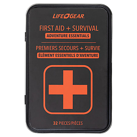Life+Gear First Aid And Survival Essentials Tin, 5-1/2”H x 1”W x 4-5/16”D, Black, Set Of 32 Pieces