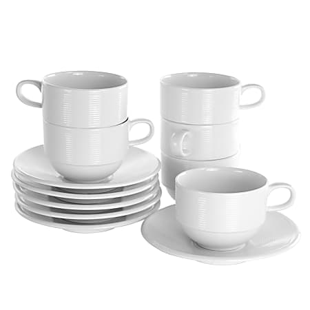 Elama Drew 12-Piece Porcelain Cup And Saucer Set, 8 Oz, White