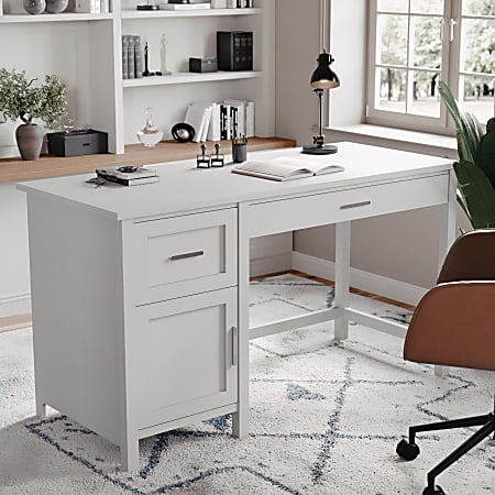 Martha Stewart Hutton Shaker Style 54"W Home Office Computer Desk With Storage, Gray/Brushed Nickel