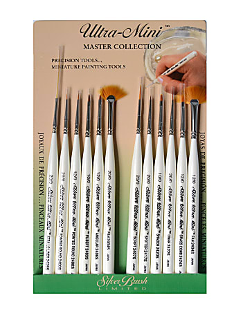 Silver Brush Ultra Mini Series Paint Brush Set, Precision Detail Painting Set, Assorted Sizes, Assorted Bristles, Synthetic, Pearl White, Set Of 12