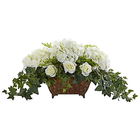 Nearly Natural Hydrangea & Roses 17”H Artificial Floral Arrangement With Metal Planter, 17”H x 33”W x 16”D, White