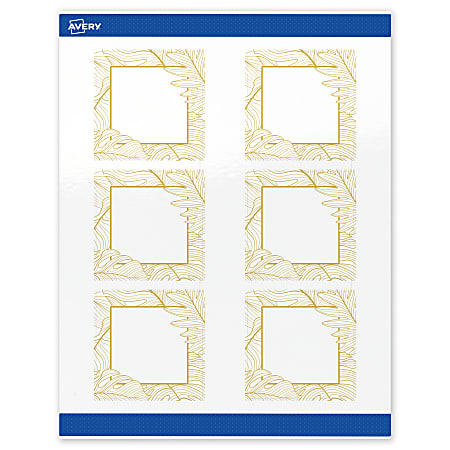 Avery® Printable Labels With Sure Feed® Technology, S00-EW7, Square, 3" x 3", Glossy White With Preprinted Gold Leaf Pattern, Pack Of 60