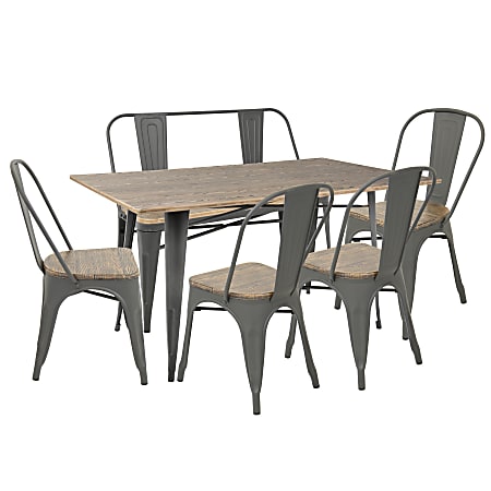Lumisource Oregon Industrial Farmhouse Dining Table With 1 Bench And 4 Dining Chairs, Gray/Brown