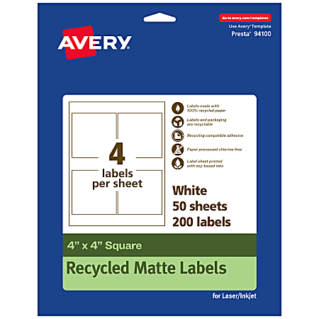 Avery® Recycled Paper Labels, 94100-EWMP50, Square, 4" x 4", White, Pack Of 200