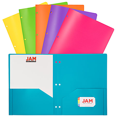 JAM Paper® POP Plastic 3-Hole Punched 2-Pocket School Folders, 9-1/2" x 11-1/2", Assorted Fashion, Pack Of 6 Folders