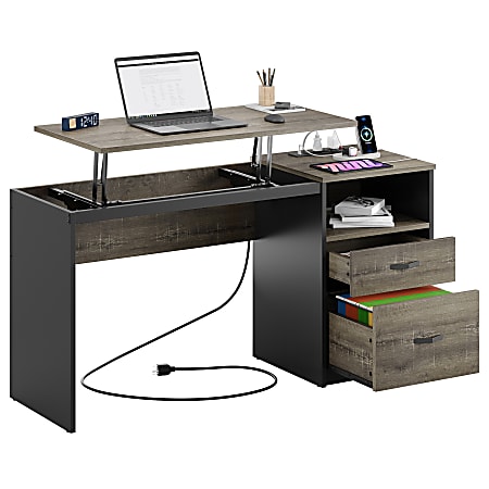 Bestier 60"W Large Lift-Top Adjustable-Height Office Standing Desk With File Drawer & Power Outlet USB, Gray
