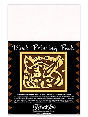 Black Ink Thai Mulberry Block Printing Paper, 9" x 12", White, Unbleached, Pack Of 25 Sheets