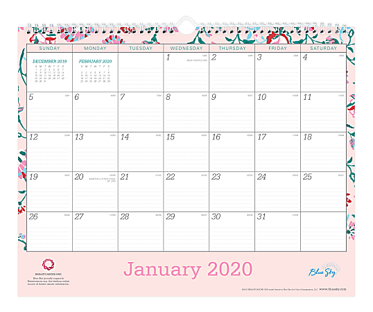 Blue Sky™ Monthly Wall Calendar, Breast Cancer Awareness, 15" x 12", Garden Flower, January To December 2020, 101630