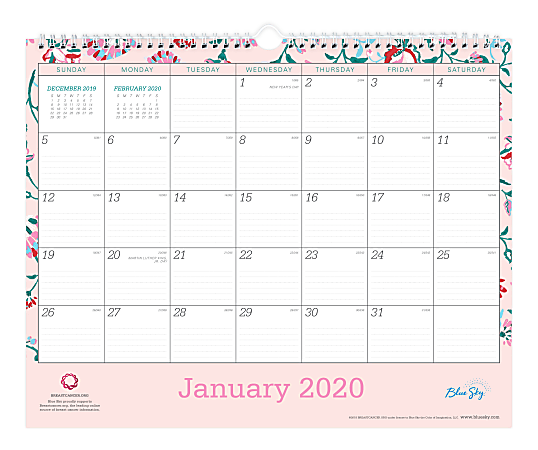 Blue Sky Monthly Wall Calendar Breast Cancer Awareness 15 x 12 Garden