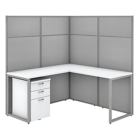Bush Business Furniture Easy Office 60"W L-Shaped Cubicle Desk With File Cabinet And 66" Panels, Pure White/Silver Gray, Premium Installation
