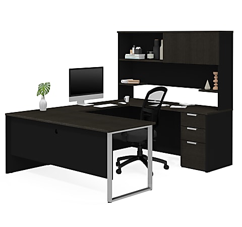Bestar Pro-Concept Plus 72"W U-Shaped Executive Computer Desk With Pedestal And Hutch, Deep Gray/Black
